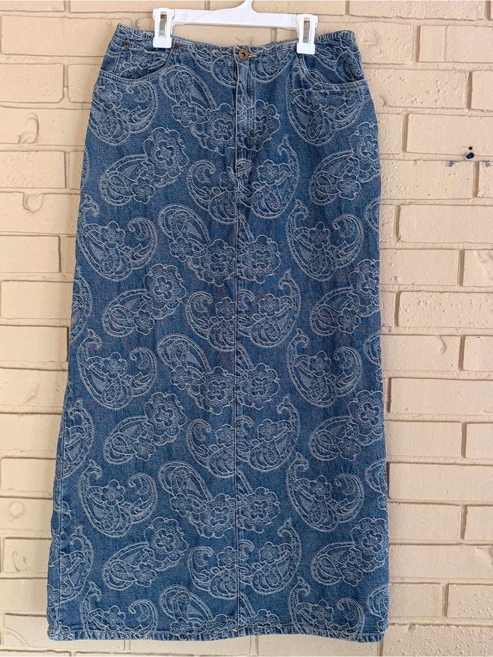 VTG Liz Claiborne Embroidered Floral Jean Denim Maxi Skirt 10 90s Slit Modest